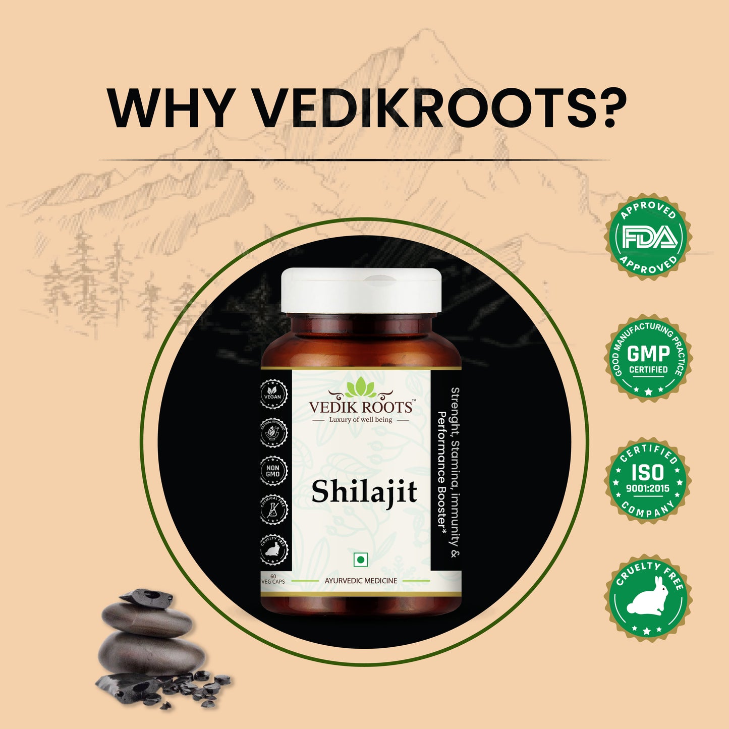 Vedikroots Ayurvedic Shilajit Capsule for Strength & Power