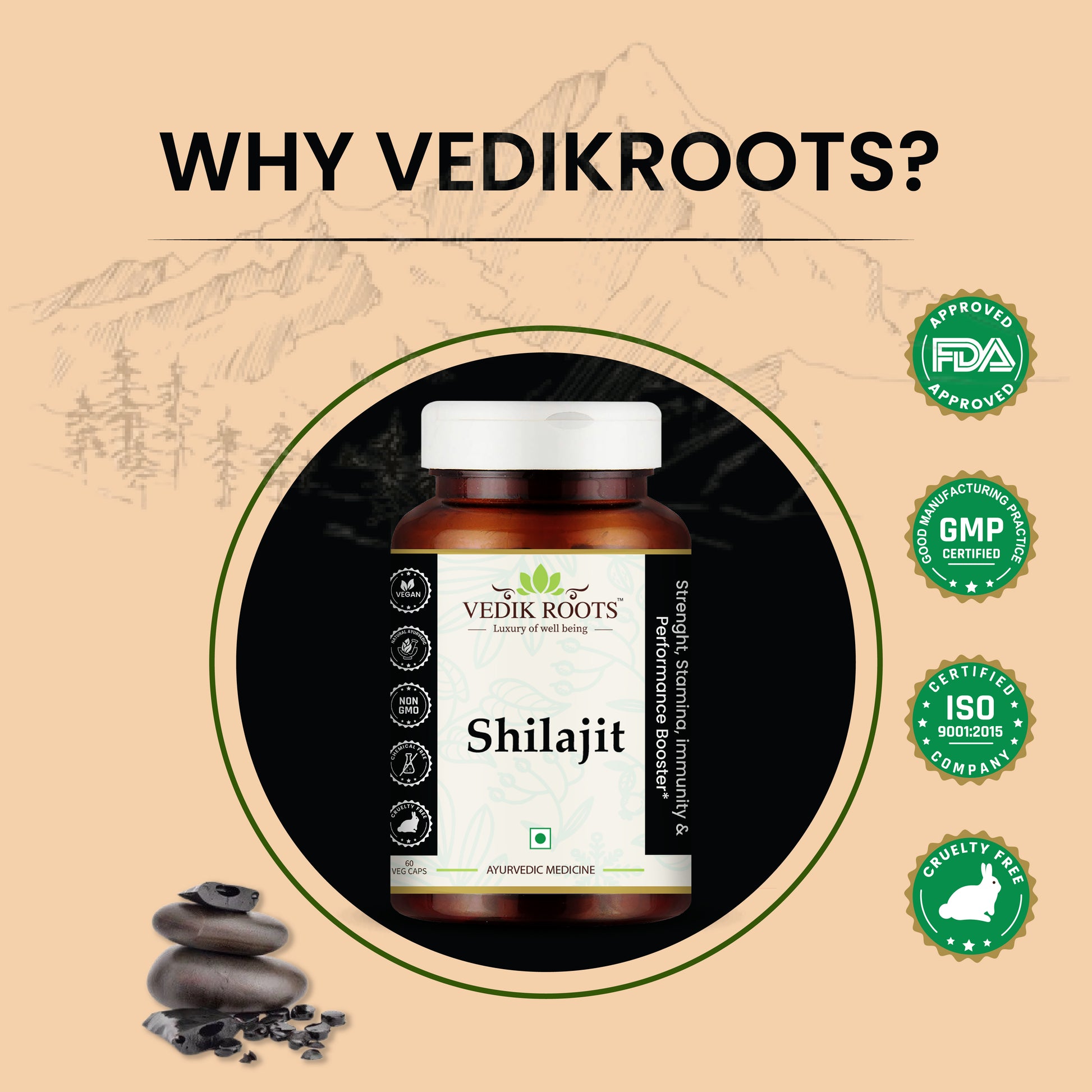 Vedikroots Ayurvedic Shilajit Capsule for Strength & Power 